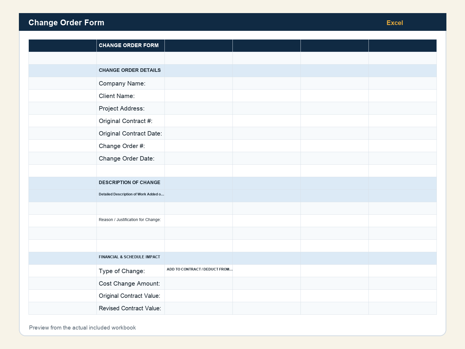 Actual Change Order Form workbook preview
