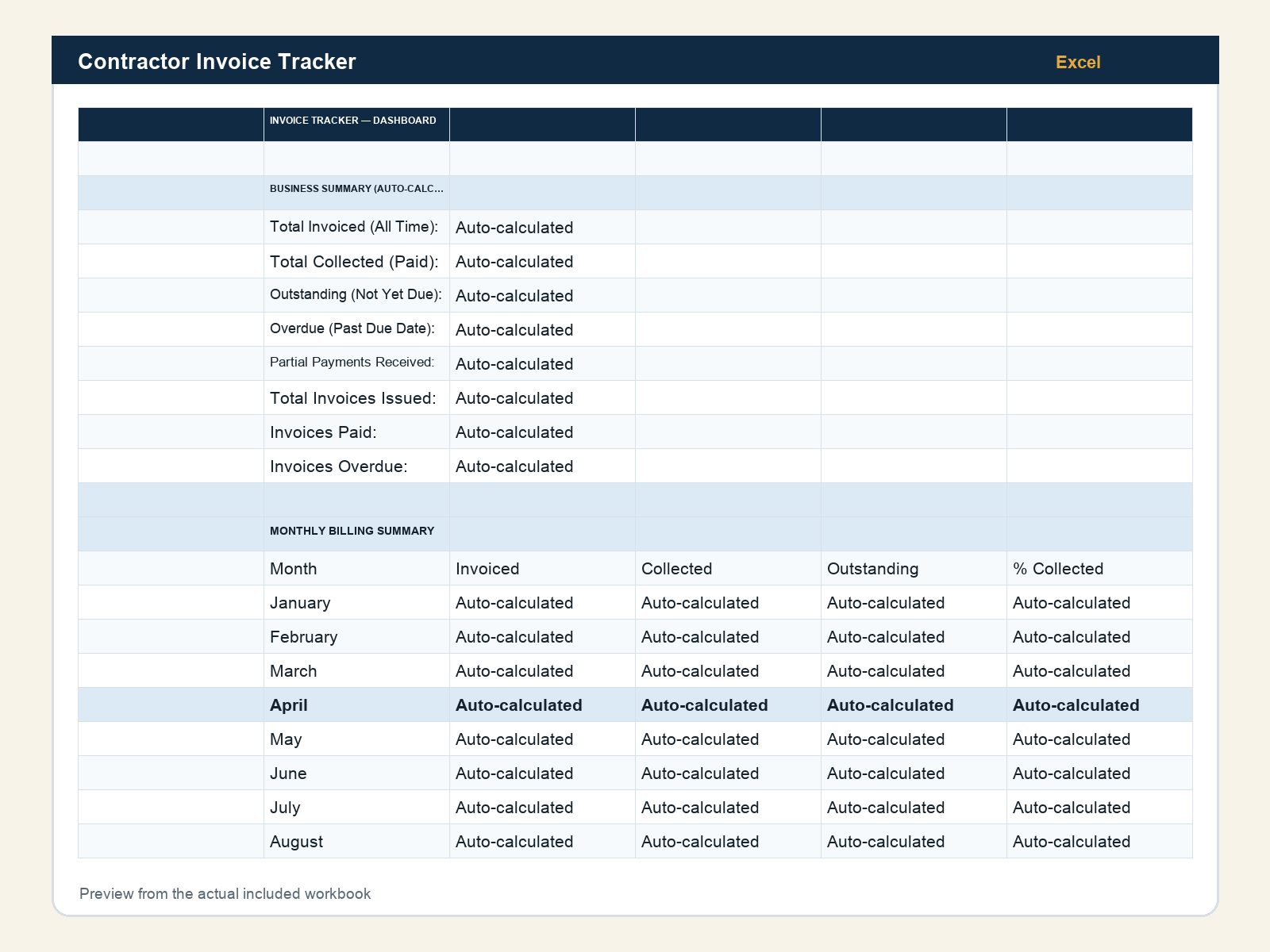 Actual Invoice Tracker workbook preview