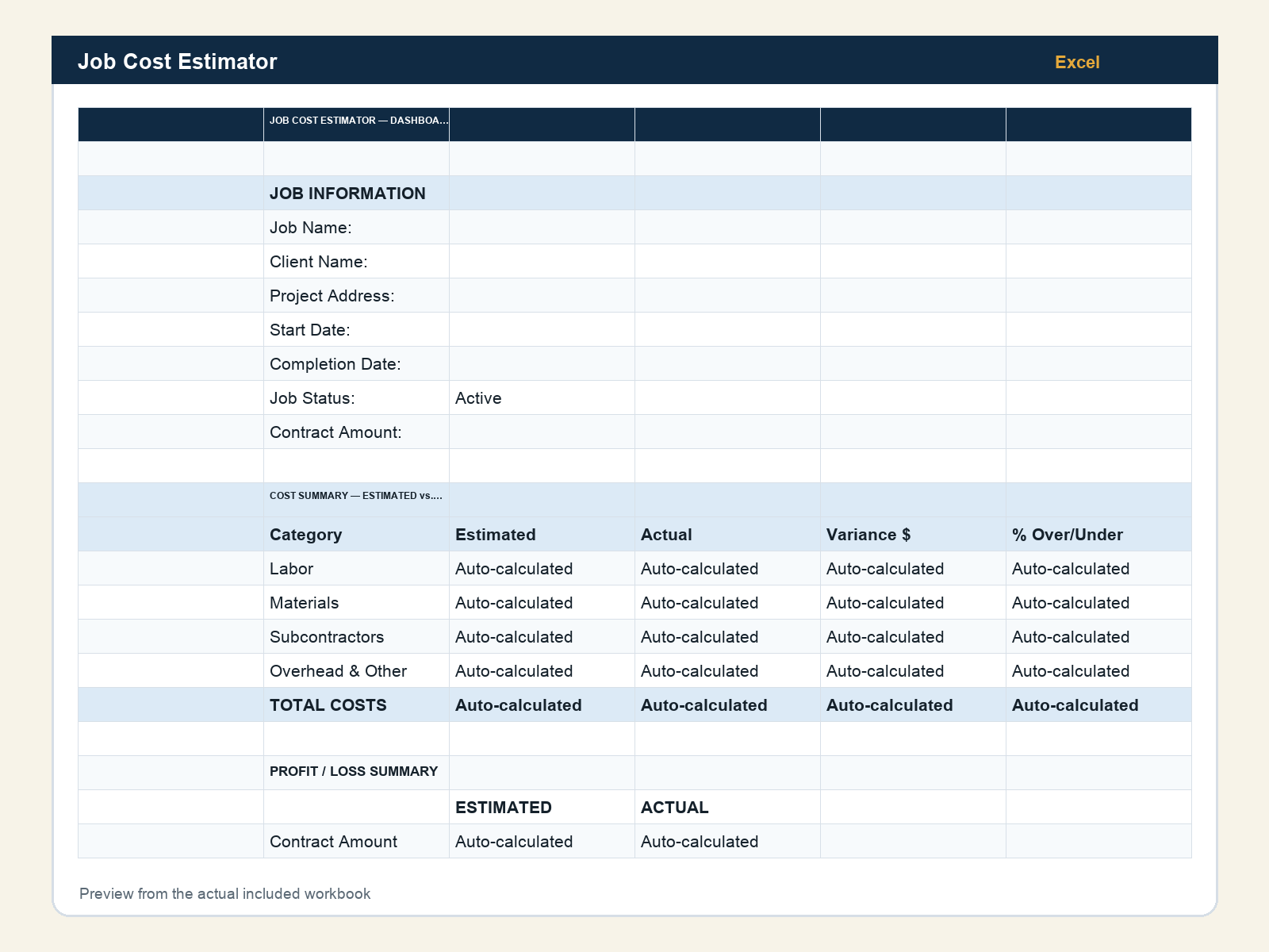 Actual Job Cost Estimator workbook preview