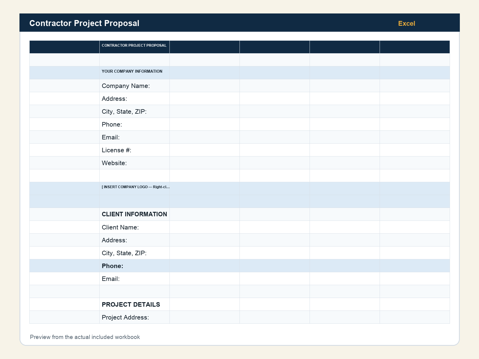 Actual Contractor Project Proposal workbook preview
